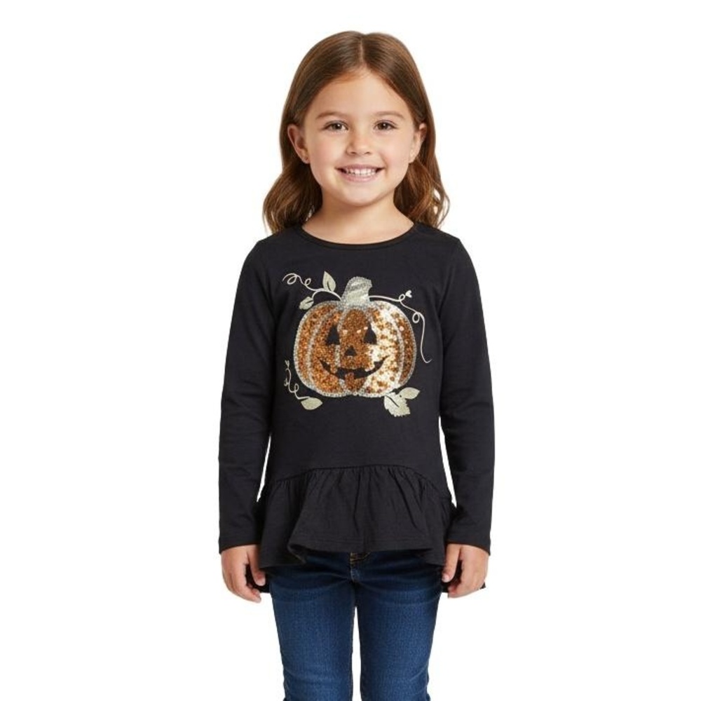 Spooky Night Black Sequined Pumpkin Ruffle Hem Halloween Girls Top Size XS 4